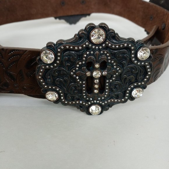 Tooled Leather Belt With Cross Buckle Rhinestone Conchos - Picture 2 of 9